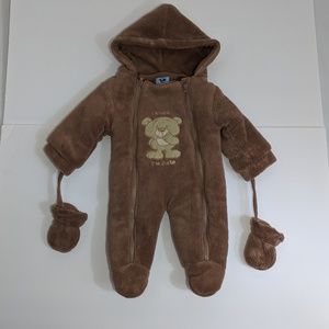 NWT Brown Baby Pram/Snow Bunting Winter Suit Fleece w Mittens 0-3 m